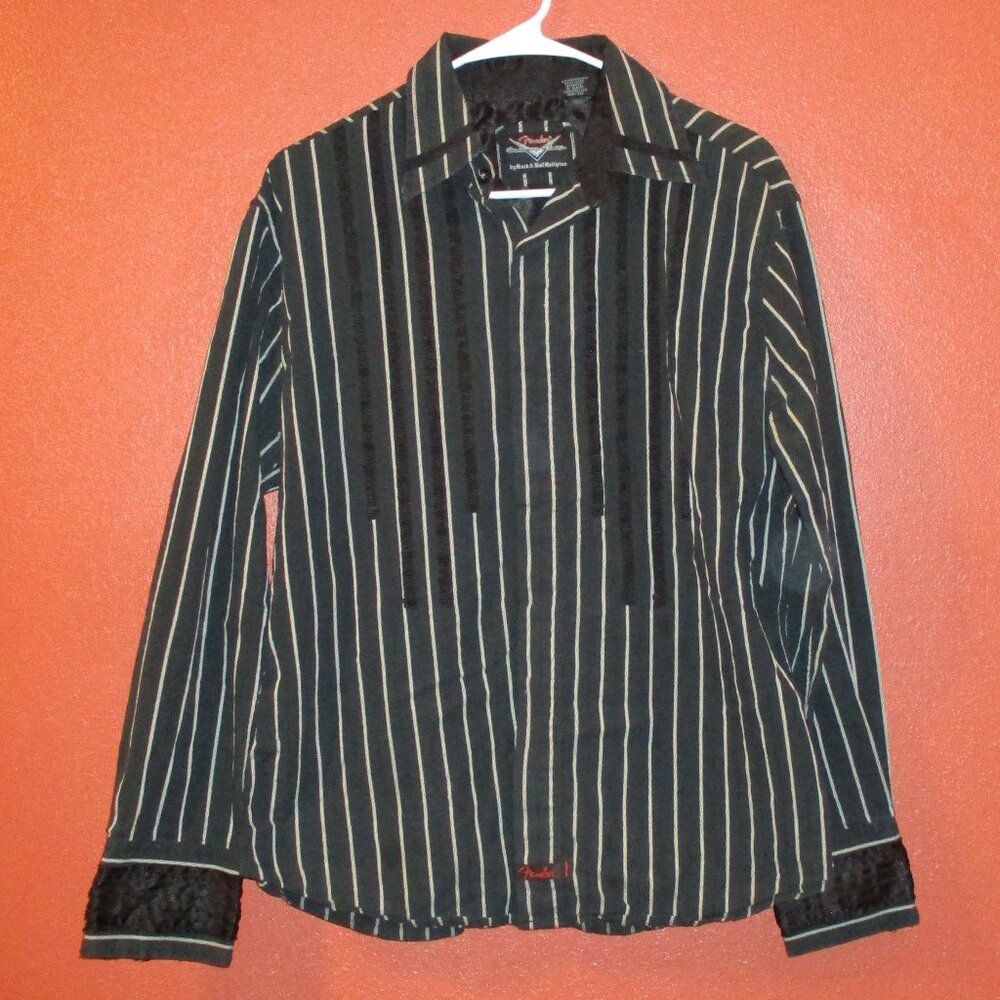 Fender Guitar Shirt Men Medium Black Gray White Music Band Button Down Shirt
